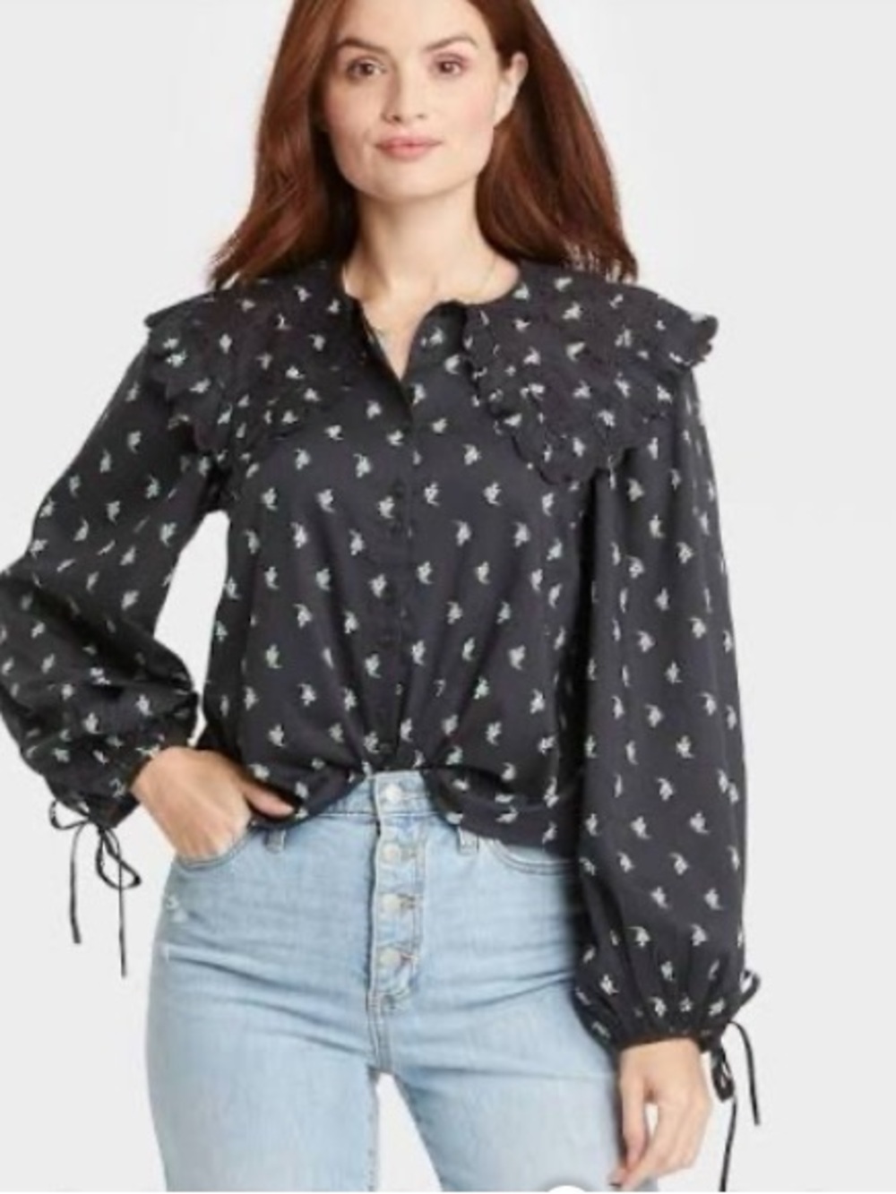Universal Thread Black Floral Ruffle-Yoke Button Blouse